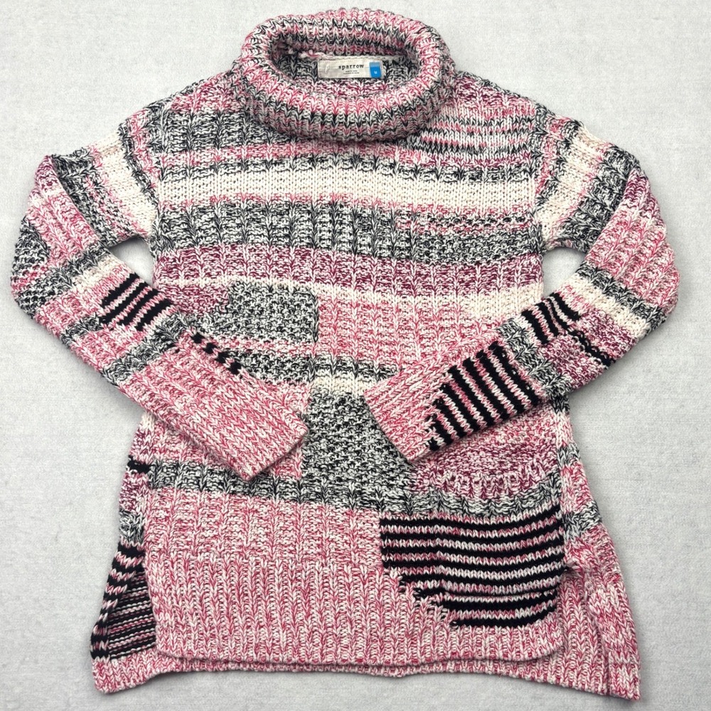 Sparrow Anthropologie Pink Striped‎ Patchwork Chunky Knit Turtleneck Sweater M
